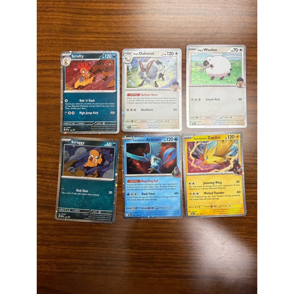 Pokemon Card Team Rocket Articuno Zapdos Hop Dubwool Wooloo Scrafty Holo 6pc